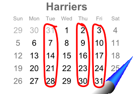 Calendar showing the Harriers' training nights
